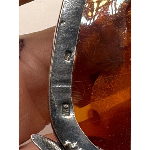 Vintage Sterling Silver Lily Flowers Surrounding Baltic Amber Brooch Pin Signed - Picture 6 of 12